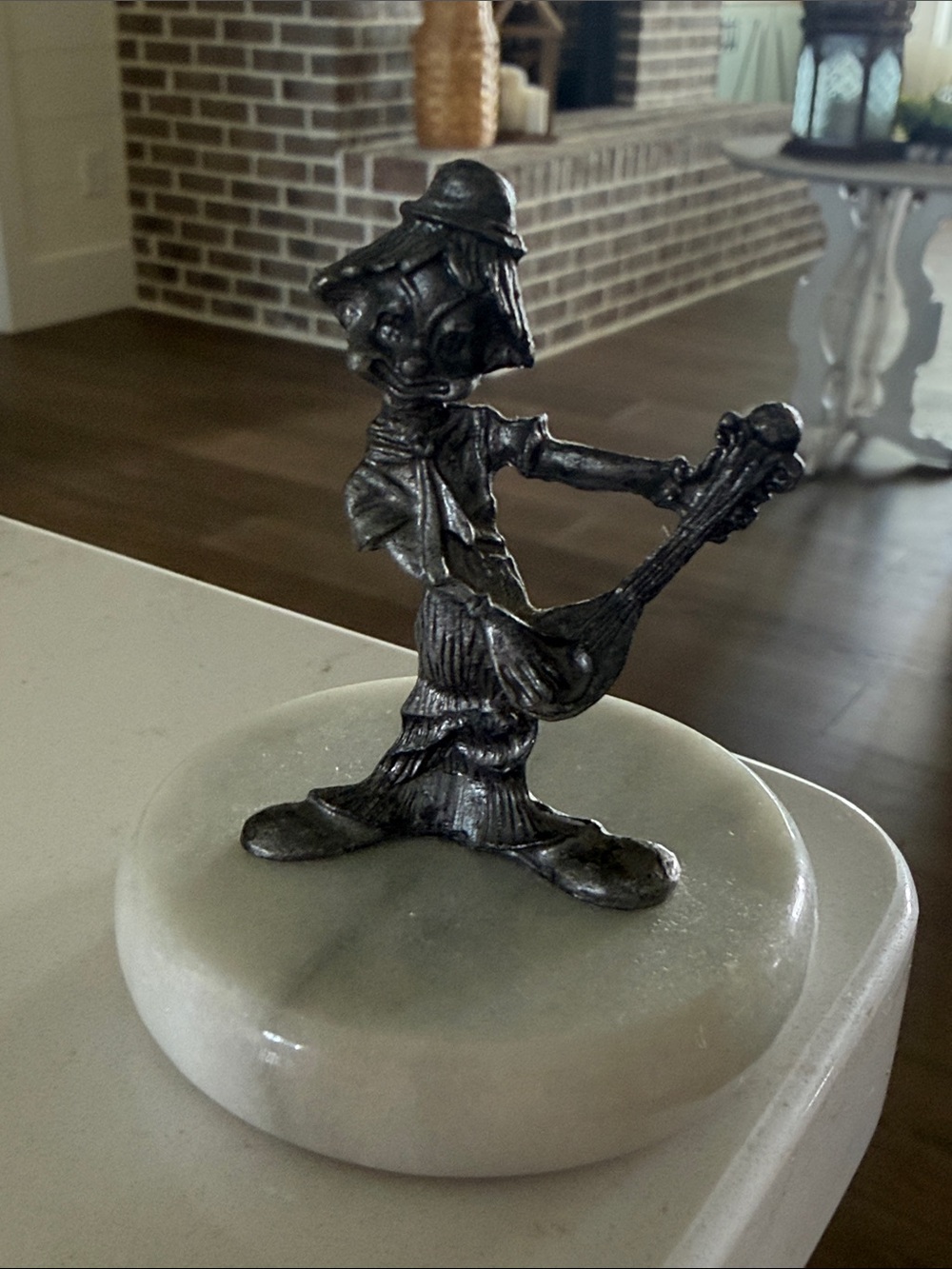 Vintage Pewter Miniature Clown with Mandolin on Marble Stand